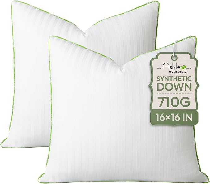 Ashler Home Deco Synthetic Down Pillow Inserts, 16x16 Down Alternative Throw Pillows Insert Sleeping Pillows with 100% Cotton Cover Decorative Pillow Stuffer for Sofa, Couch Bed(Set of 2, White)