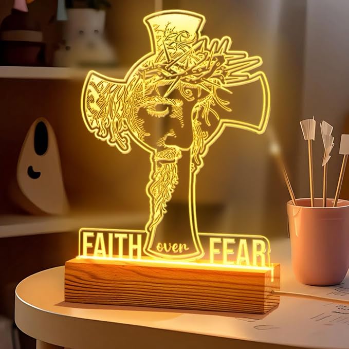 Faith Over Fear LED Night Light with Jesus and Cross Design