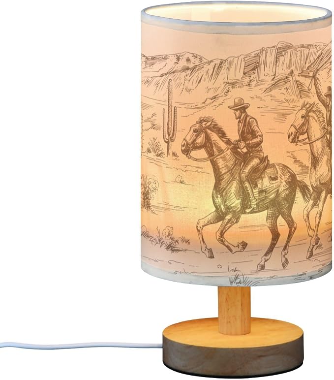 Bedside Lamp Western Desert Cowboy Table Lamp for Bedroom LED Nightstand Lamp Shade USB Ports Wood Base for Living Room Dorm Office