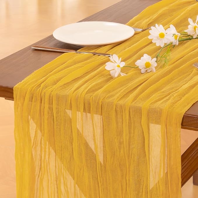 Cheesecloth Table Runner Fall Boho Wedding Birthday Party Home Decor | Gold Yellow 2pcs Rustic Gauze 10FT Cheese Cloth Sheer Farmhouse Dining Runner for Baby Shower Bridal Holiday Decorations