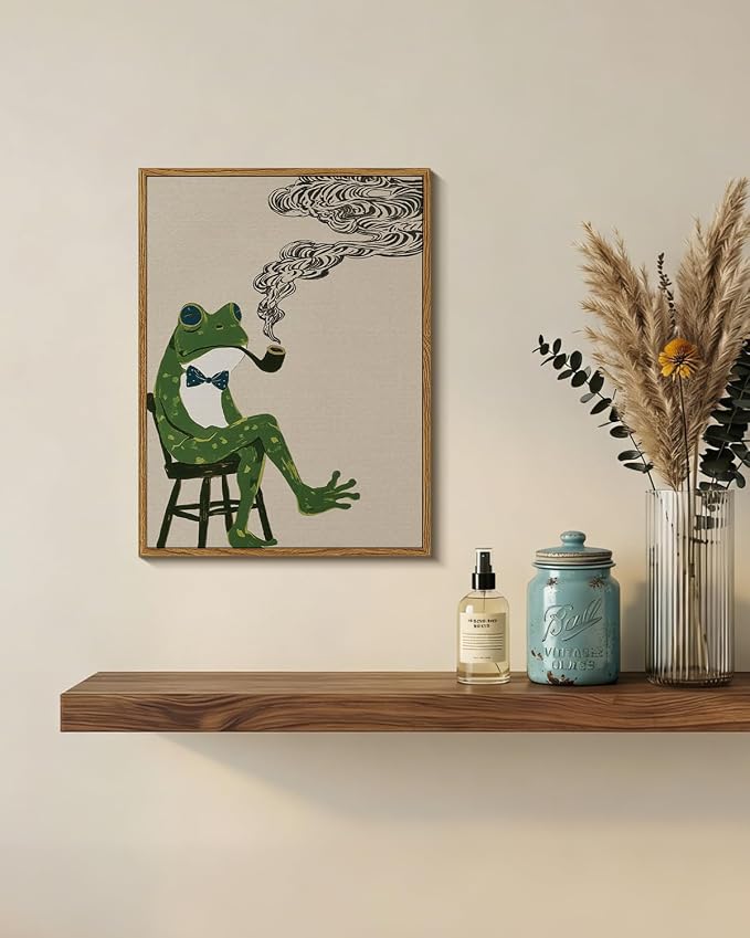 WHASAYART Funny Frog Canvas Wall Art, 12x16 Framed Vintage Animal Painting, Whimsical Frog Pipe with Bow Tie, Retro Surreal Wall Decor for Living Room Bedroom Office Bar Home