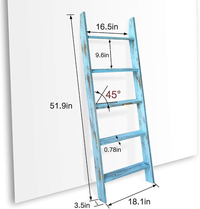 Honest Blanket Ladders for the Living Room, 5-Tier Blanket Holder, Wall-Leaning Blanket Rack, Ladder Shelves, Wooden Quilt Ladder, Farmhouse Decor, Blue