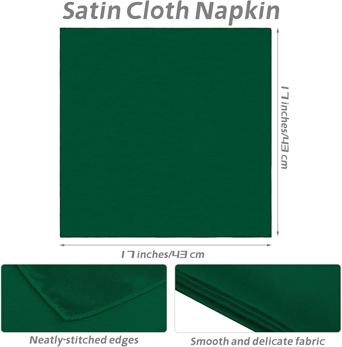 MCEAST Satin Cloth Napkins and Napkin Rings Set of 8, Smooth Fabric Table Napkins and Napkin Holder for Wedding, Birthday Dinner Party, Family Gatherings, Table Decor (Dark Green, 17 x 17 Inches)