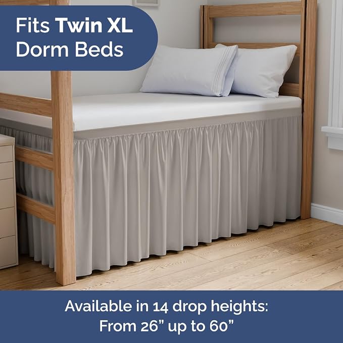 Dorm Room Bed Skirt Full XL - College Dorm Essentials - Light Grey, 36 Inch | Extra Long Dust Ruffled College Bedskirt with Split Corners, Easy Fit Elastic Strap, Adjustable, Fade & Wrinkle Free