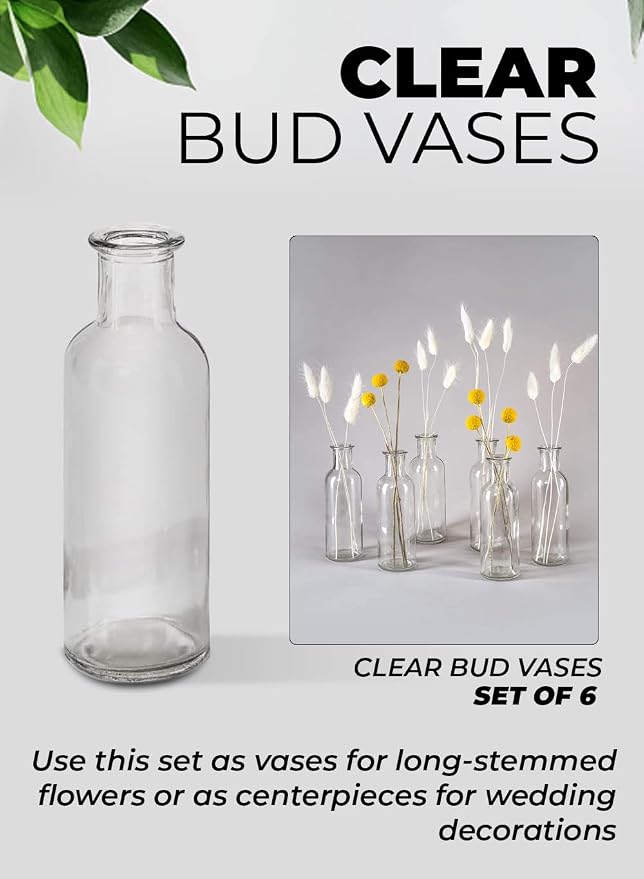 Serene Spaces Living Clear Glass Bud Vases – Vintage Apothecary Jars, Decorative Bottles for Weddings, Antique-Style Centerpieces, and Flower Arrangements - Set of 6 (6.5" Tall & 2" Diameter)