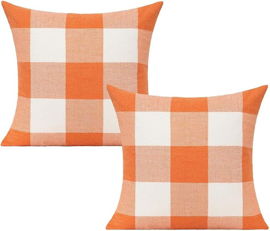 VAKADO Orange Buffalo Plaid Fall Throw Pillow Covers 22x22 Set of 2 | Orange buffalo check polyester, hidden zipper.Outdoor Fall porch decor for Thanksgiving. machine washable.