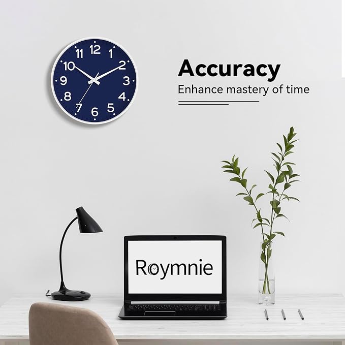 Roymnie 10 Inch Wall Clock Battery Operated Silent Non Ticking Analog | Navy Blue modern analog; large 3D easy-read dial for kitchen, office, bathroom & bedroom; 1 AA battery (not included)