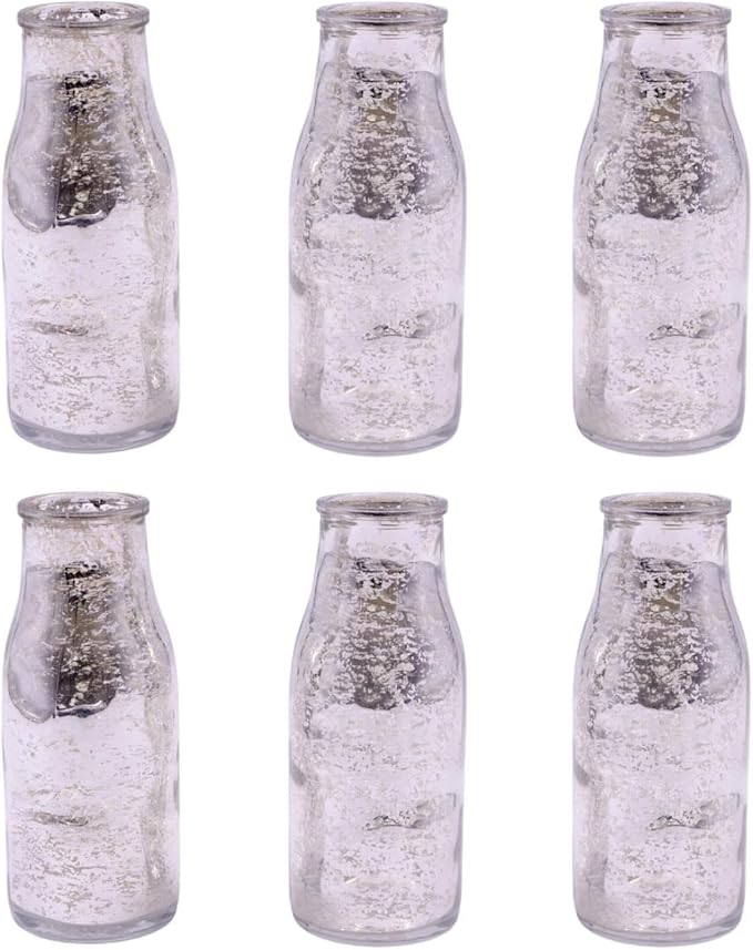Hosley Set of 6 Silver Glass Bottle, 5.5" High. Ideal Gift for Floral Arrangements Wedding, Floral Vase, Party, Home Decor, Office, Spa