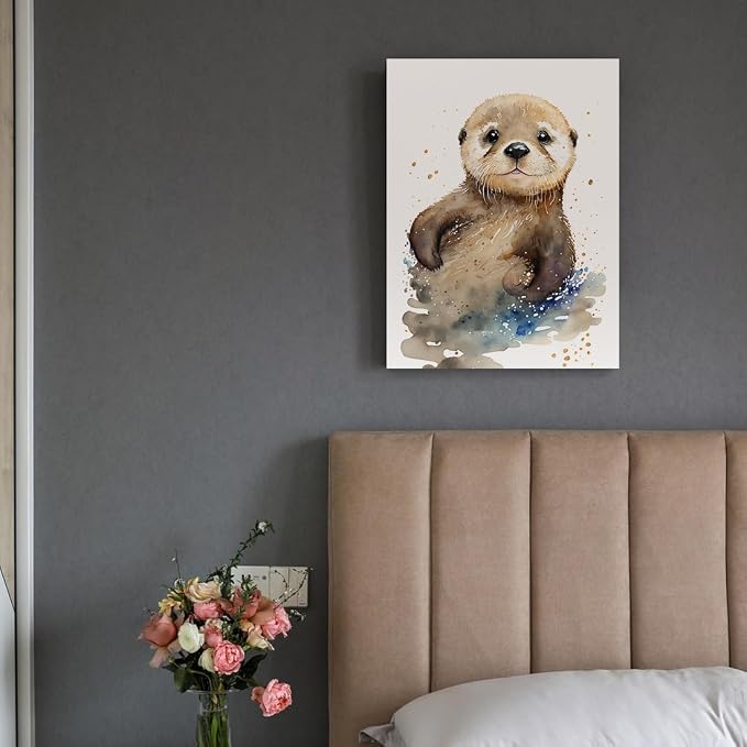 C8BUSIS Otter Canvas Wall Art Watercolor Animal Pictures Cute Otter Wall Decor Painting Splash-ink Poster Print for Bedroom Living Room Kitchen Bathroom Office Decoration (12x16inch, Framed)