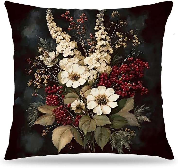 Vintage Moody Floral Pillow Cover 18x18 Double-Sided, Dark Cottagecore Red and White Wildflower Botanical Decorative Throw Pillow Cover for Home Bedroom Living Room