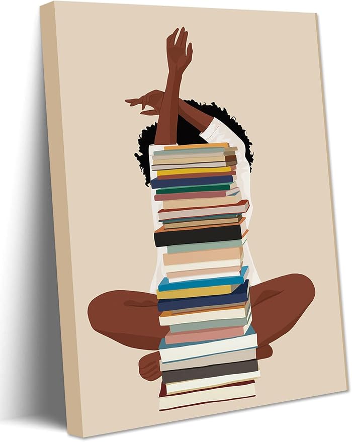 AKWISH Black Girl Canvas Wall Art - African American Wall Decor, Modern Black Woman with Book Art for Bedroom Living Room - Framed 12x16 inch