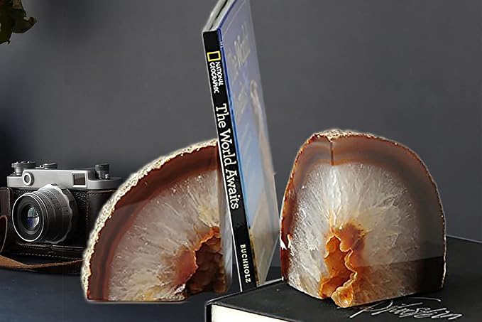 AMOYSTONE Agate Book Ends Shelves Decorative Geode Bookend Large Crystal Bookends Quartz Decor Nature Brown with Rubber Bumpers(1 Pair, 4-6 LBS) | Large Polished Stone Book Stoppers Supports Home Office Decor with Rubber Bumpers Natural Brown 1 Pair, 4...