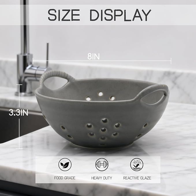 Matte Glaze Ceramic Berry Colander Bowl with Handles – 8.5" Handle-to-Handle × 8" Bowl Dia × 3.3" High – Rustic Stoneware Drain Bowl for Fruit, Berries, and Kitchen Decor (Sage Green)