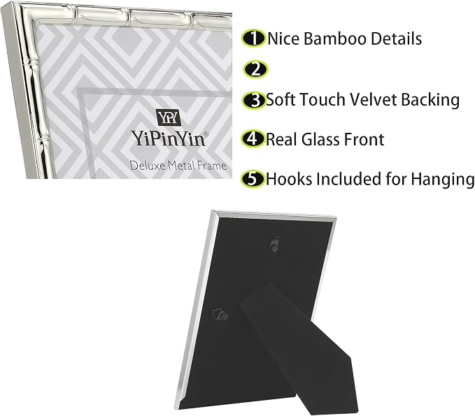 YiPinYin 4x4'' Silver Bamboo Metal Picture Frame with 3x3'' Mat Set of 2, 3x3'' Narrow Elegant Silver Plated Metal Picture Frame with Soft Touch Velvet Mat for Desktop