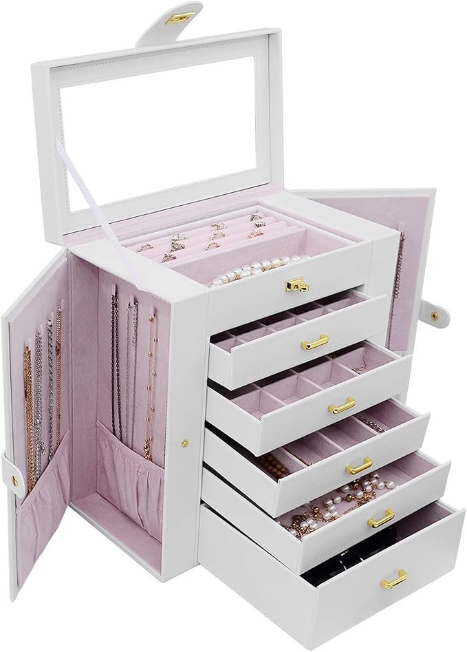 AKOZLIN 6-Tier Jewelry Box Organizer Functional 5 Drawers Leather Jewelry Storage Case for Women Girls Ring Necklace Earring Bracelet Holder Organizer with Mirror Extra Large White
