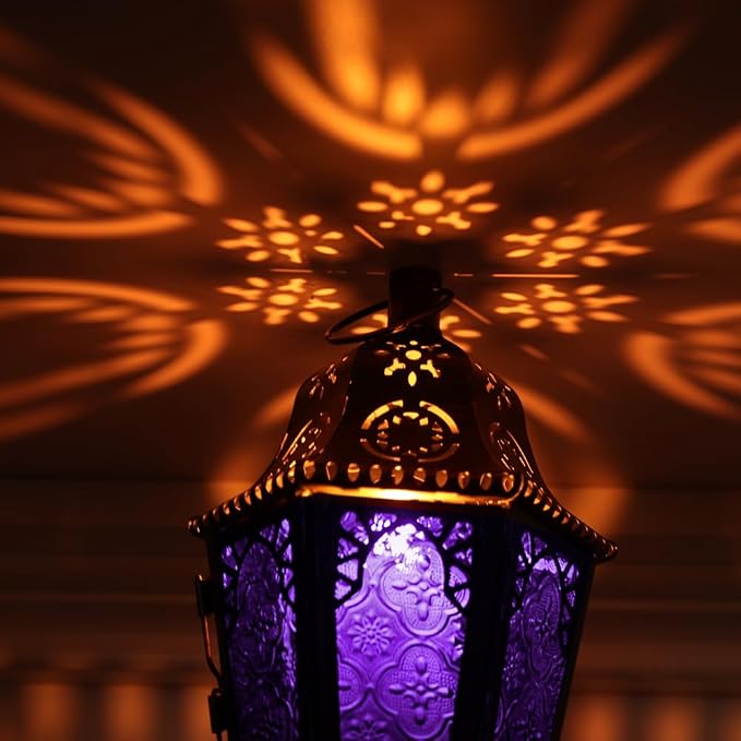 NEEDOMO Halloween Decorative Indoor Hanging Moroccan Lantern, 13.5'' Vintage Metal Candle Holder with 14.8" Chain, Ramadan Lanterns Decorative Indoor Outdoor for Home, Table, Patio, Porch (Purple)