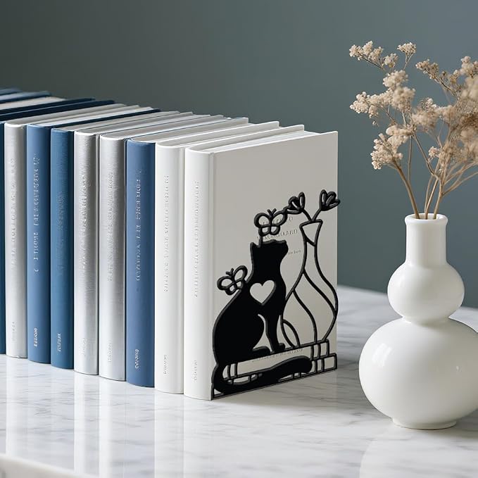 WADORN 1 Pair Cute Cat Flower Metal Decorative Bookend for Shelves, Heavy Duty Book Ends Modern Non-Skid Books Holder Stand Black Book Support Stoppers for Desk Bookshelf Office Home, 5.3x4.3x7.9 Inch