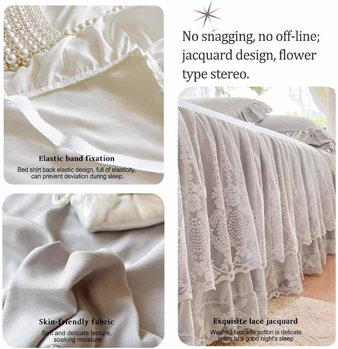 Lace Bed Skirt & Bedsheet Queen Size - 17 in. Drop, Easy Fit Ruffled Bedskirt Wrap Around Bedcover, Anti Wrinkle & Fade