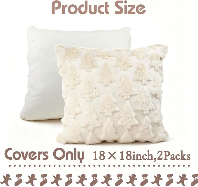 ONFAON Christmas Decorations -Christmas Pillow Covers 18 x 18 Inches Set of 2,Soft Plush Faux Fur Wool Beige Xmas Tree Throw Pillow Cases Winter Holiday Decor for Sofa Living Room