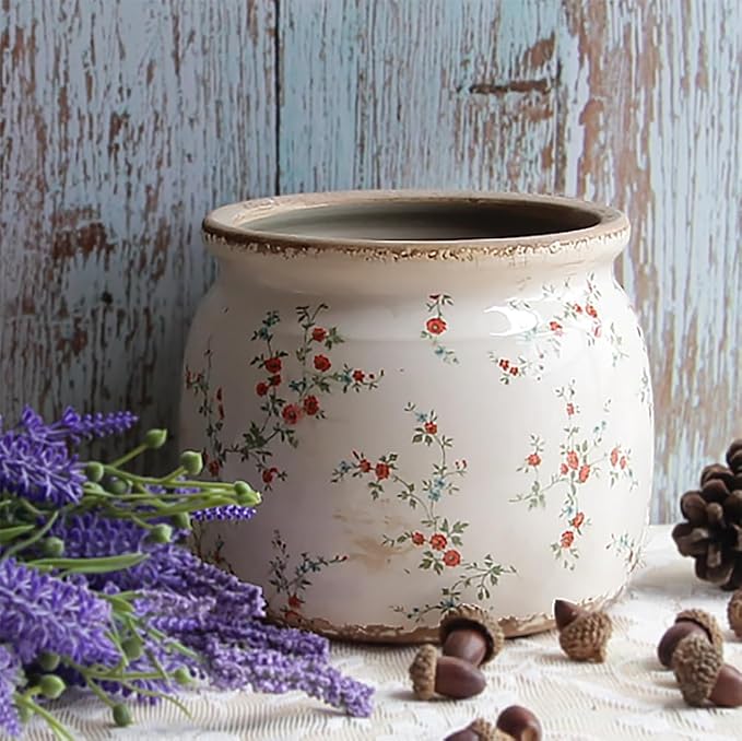 Cottagecore Ceramic Plant Pots, 6.29" French Country Floral Vase & Planters | Distressed Cottage Farmhouse Home Decor for Balcony Bookshelf Table Centerpieces, Grandma Core Aesthetic, Gifts for Grandma