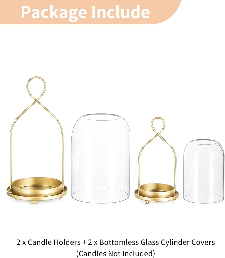 NUPTIO Glass Lanterns Decorative Outdoor, Gold Hurricane Candle Holders | Set of 2 Hanging Lantern for Pillar Candles, Table Centerpiece for Home Thanksgiving Christmas Party