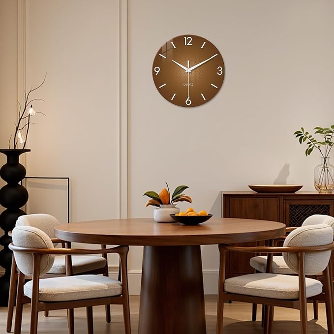 XFM Modern Glass Wall Clock for Living Room 14 Inch Brown | Silent Non-Ticking Battery Operated Simple Minimalist Decorative for Farmhouse Kitchen Home Office