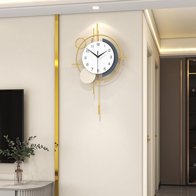 Wall Clock Decorative Pendulum Modern Wall Clock Battery Operated | Analog Non-Ticking Gold Iron Unique Large Clock for Living Room,Bedroom,Office,Kitchen,Bathroom Iron Wall Decor 13.8x21.9in