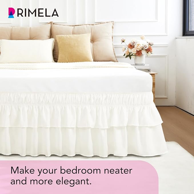 RIMELA Full Size Ruffle Bed Skirt 16 Inch Drop - Cream White Double Layered Wrap Around Dust Ruffle, Romantic Cute Design Bedskirt with High-Density Fabric, Soft Stretchy, Easy Install for Full Bed