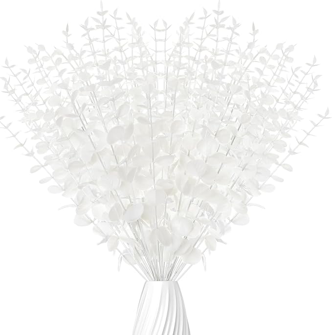 Canlierr 50 Pcs Faux Eucalyptus Stems Greenery Leaves Branch,White | Artificial Greenery for Wedding Centerpiece, Bouquet, Farmhouse Home Decor, Realistic Foliage, Vase Arrangements