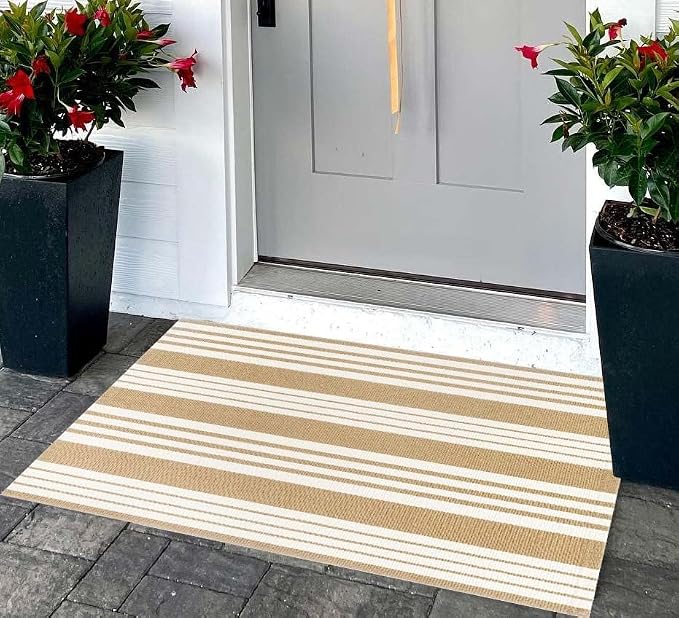 Khaki and White Striped Outdoor Rug 24'' x 35'' Door Mat Outdoor Machine Washable Welcome Mats Cotton Hand-Woven Entryway Rug for Front Porch/Entryway/Laundry/Bathroom/Bedroom