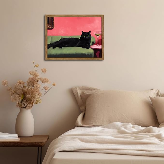 Cute Black Cat With Martini Wall Art Funny Animal Wall Decor Quirky Whimsical Cocktail Bar Cart Canvas Painting Poster Prints Pet Lover Picture Aesthetics for Bedroom Living Room Framed 16x24 inch