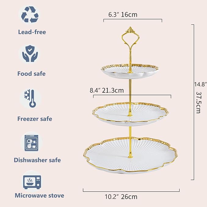 3 Tier Porcelain Serving Tray with Elegant Floral Gold Trim Embossed | Food Grade Tiered Cupcake Stand - Serving Stand for Parties Weddings Baby Showers