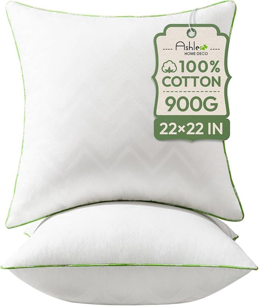 Ashler Throw Pillow Inserts (Pack of 2, White), 22 x 22 Inches Pillow Inserts with 100% Cotton Cover, Indoor Decorative Pillows Inserts for Couch Sofa and Bed