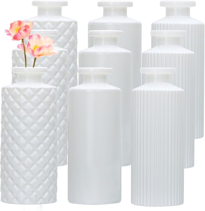 Glass Bud Vase Set in Bulk, 9pcs Mini White Vintage Flower Vases | Vases for Wedding,White Relief Small Vase for Centerpieces,Home Table Flower Decor, Party Decorations