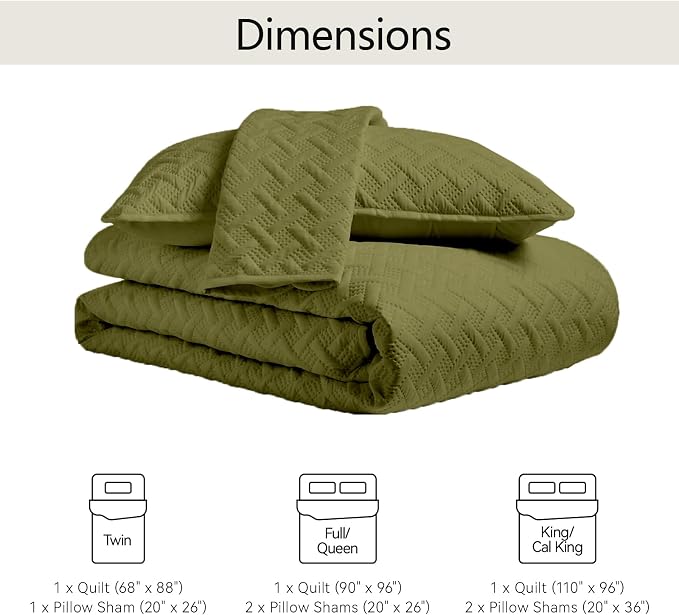 FLYMME Quilts Queen Size,Lightweight Olive Green Bedspreads,Basket Weave Pattern,Ultra Soft Microfiber Bed Coverlet 3 Pieces for All-Seasons (1 Quilt,2 Shams)