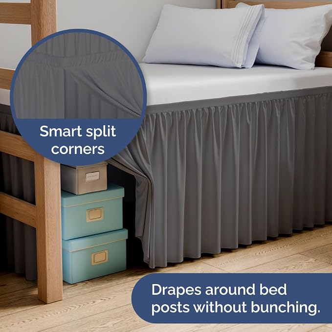 Dorm Room Bed Skirt Full XL - College Dorm Essentials - Dark Grey, 30 Inch | Extra Long Dust Ruffled College Bedskirt with Split Corners, Easy Fit Elastic Strap, Adjustable, Fade & Wrinkle Free