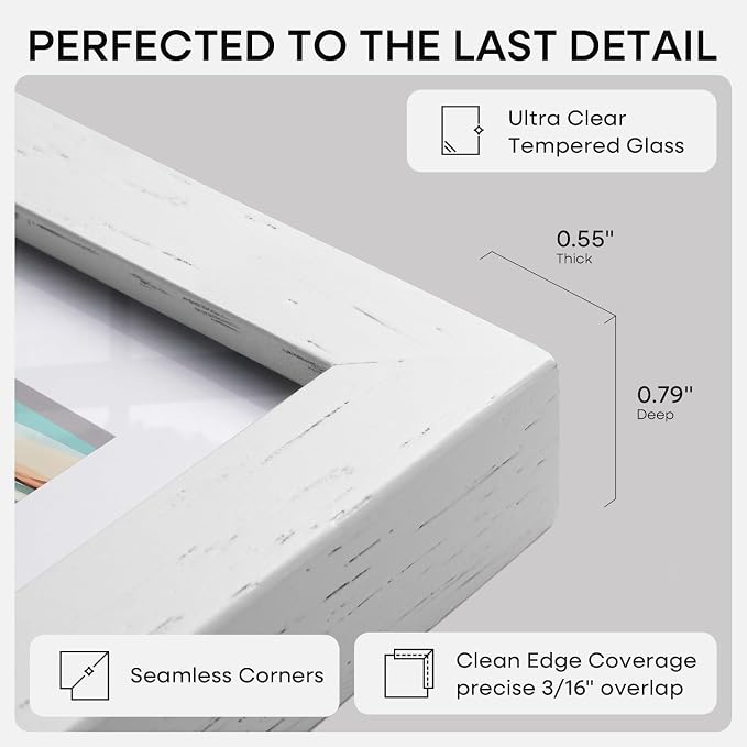 Homeforia 8x8 White Oak Picture Frame, High-End Wood, 6x6 Mat, Glass