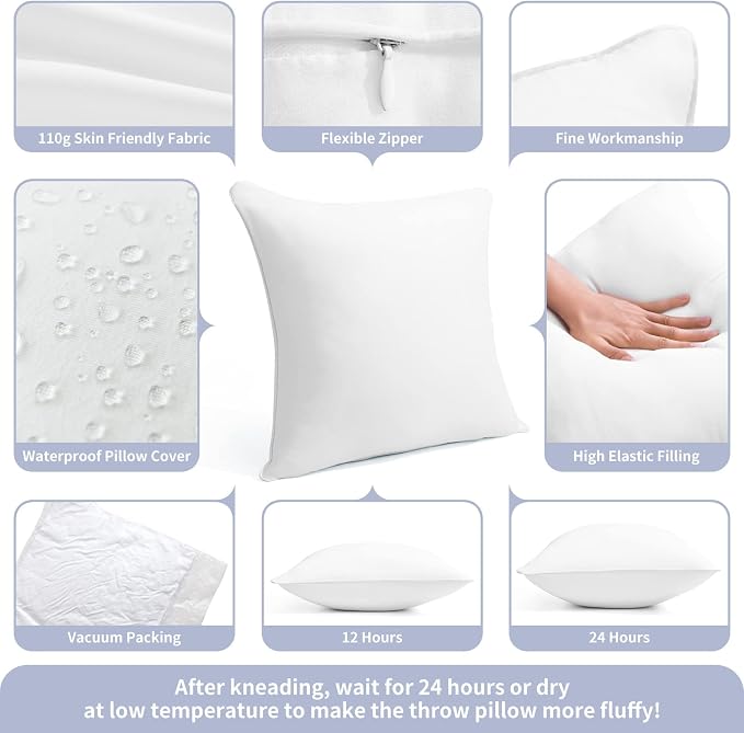 18 x 18 Outdoor Throw Pillow Inserts Set of 2 Waterproof Square Premium Decorative Couch Pillow Stuffers Form Medium White Sofa Cushions Indoor