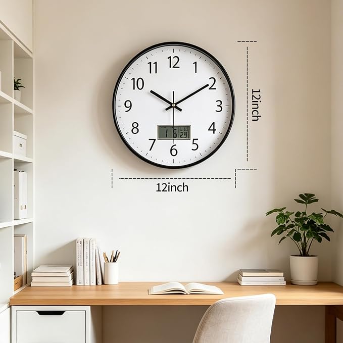 SIN&MI Wall Clock 12 Inch LCD Display Number Frame Glass Cover Non-Ticking Number Quartz Wall Clock Modern Quartz Design Decorative Indoor/Kitchen White