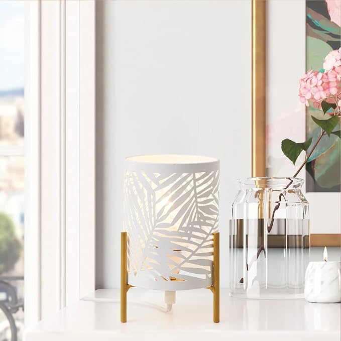 Decorative Table Lamp, Golden Tripod Stand with White Metal Hollowed Lampshade, Night Light for Bedside, E12 40W, No Bulb