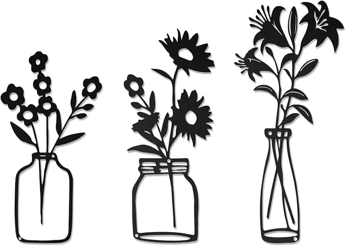 QZGXDECO Black Metal Flower Wall Decor,Metal Vase Wall Art,Minimalist Floral Wall Sculptures,Hanging Decor for Kitchen Dining Room Living Room Bathroom Bedroom(11.5'' X 3PCS)
