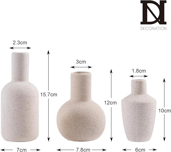 DN DECONATION Flower Vase Set of 3, Small Boho Vases for Table Home Decor | Rustic Farmhouse, Ceramic Vase for Pampas Grass, Dried Fresh Flowers, Modern Decorative Vases for Living Room, Bedroom, Shelf