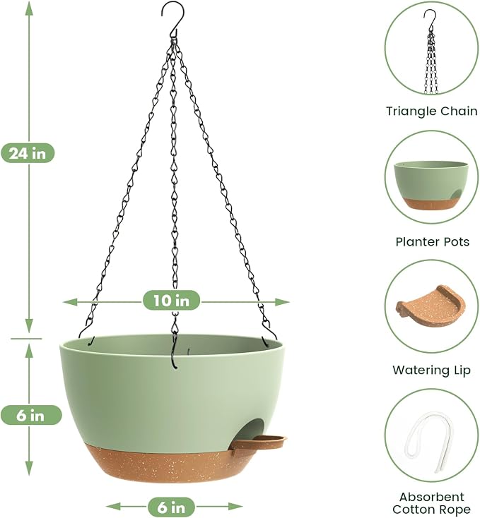3 Pack 10 Hanging Flower Pots with Chains Self Watering Plastic Planters for Indoor Outdoor Plants, Sturdy Triangular Iron Chain Design for Garden PorchPlastic hanging flower pots (3, Green Brown)