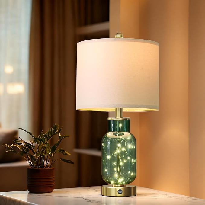 Oneach 22" Glass Table Lamps Set of 2 with Night Light for Bedroom, Green