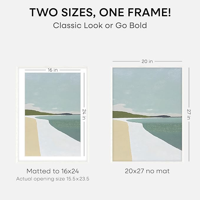 Homeforia 20x27 White Oak Picture Frame, High-End Wood, 16x24 Mat, Glass