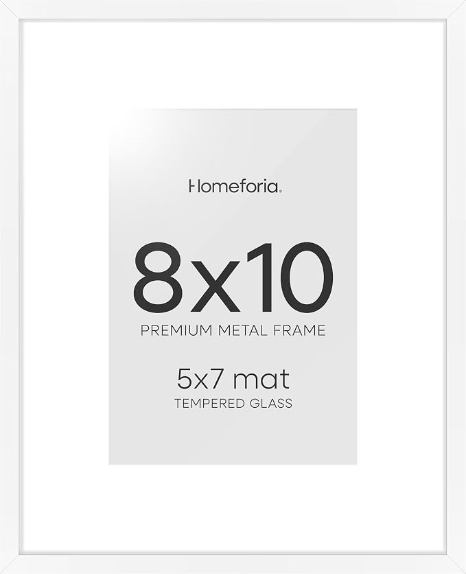 Homeforia 8x10 White Picture Frame, High-End Metal, 5x7 Mat, Glass