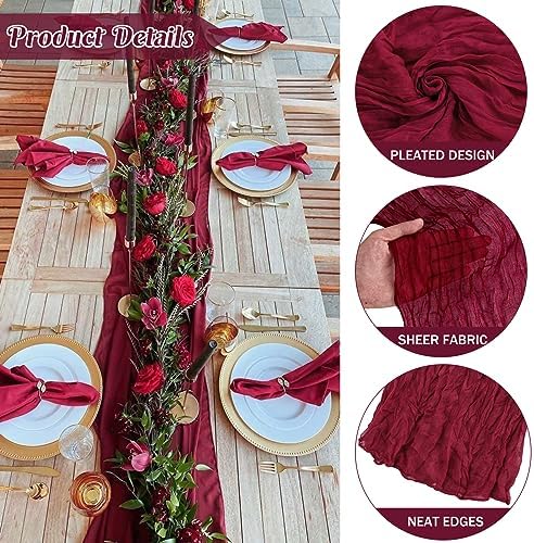 Burgundy 10FT Cheesecloth Table Runner Boho Gauze Fabric Table Runner Rustic Sheer Runner for Wedding Bridal Baby Shower Birthday Party Boho Table Decor（1 Pack Burgundy）