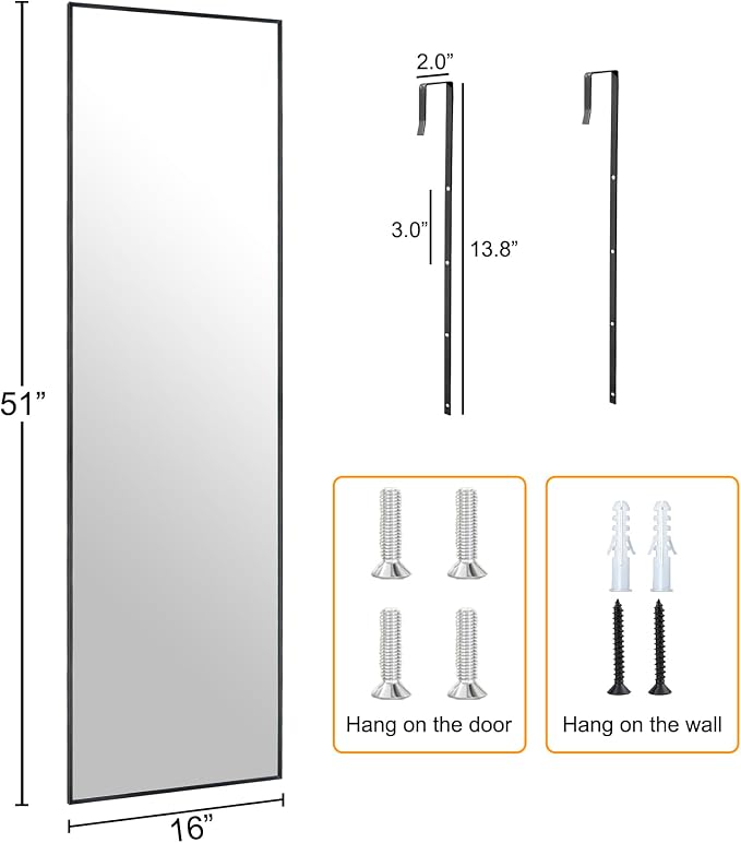 51x16 Inch Full Length Mirror Over the Door Hang or Wall Mounted Black | HD Tempered Glass, Aluminum Frame Rect Full Body Dressing Make-up Mirrors for Bedroom, Bathroom, Entryway, Living Room