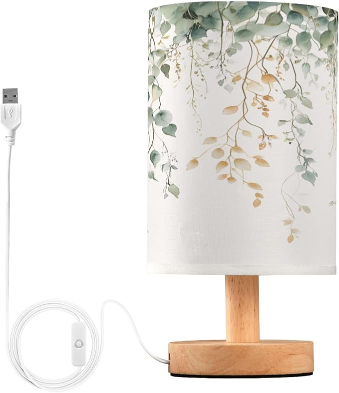 Bedside Lamp Green Sage Leaves Table Lamp for Bedroom LED Nightstand Lamp Shade USB Ports Wood Base for Living Room Dorm Office