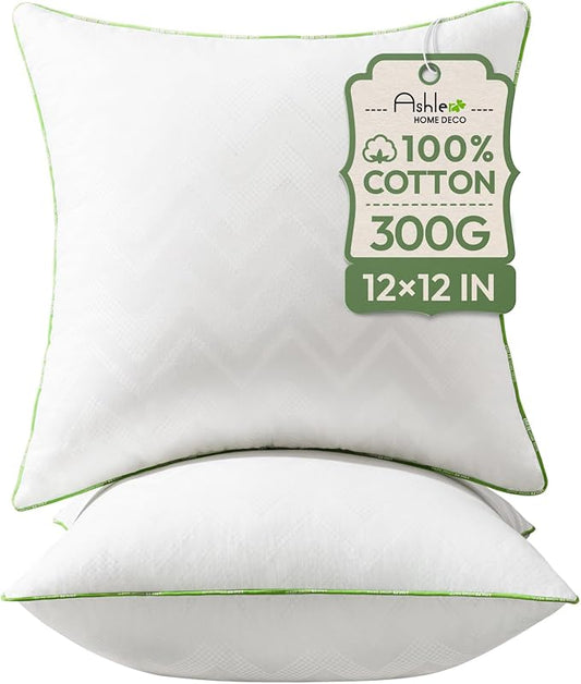 Ashler 12x12 Pillows Insert (Set of 2) - Throw Pillow Inserts with 100% Cotton Cover - Premium Fluffy Pillow Forms Stuffing Bedding Inserts -Decorative White Couch Pillow